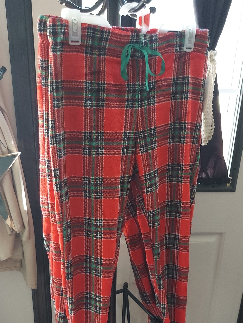 Red Plaid Ladies Pajama Bottoms with Green Drawstring
